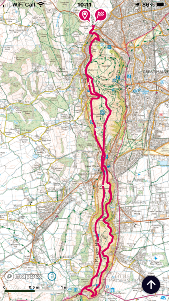 The route taken on the Malvern Hills, some 12 miles from End Hill to the British Camp pass and back